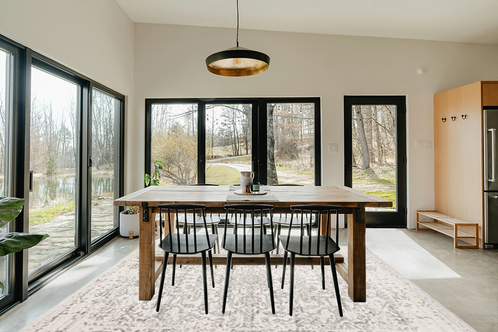 ‎Silver/Ivory ‎Retro ‎Non shedding, Stain Resistant, Pet friendly ‎‎Area Rug in Scandinavian Dining Room with Rectangular Table