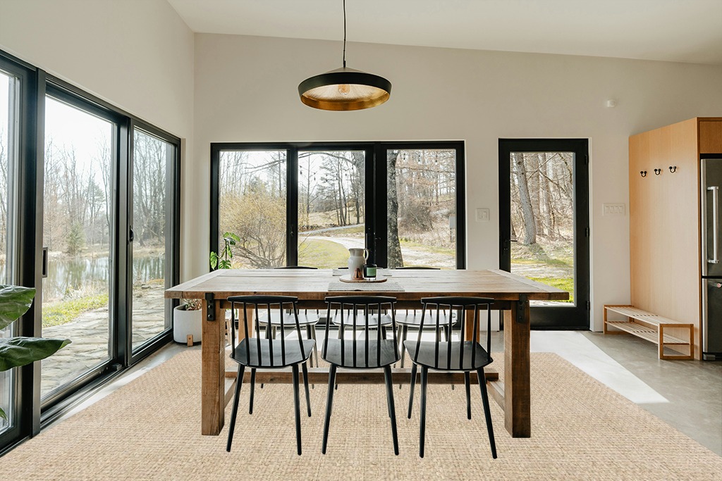 SAFAVIEH Natural Fiber Collection Area Rug - 9' x 12', Natural & Beige, Border Basketweave Seagrass Design, Easy Care, Ideal for High Traffic Areas in Living Room, Bedroom (NF114A) in Scandinavian Dining Room with Rectangular Table