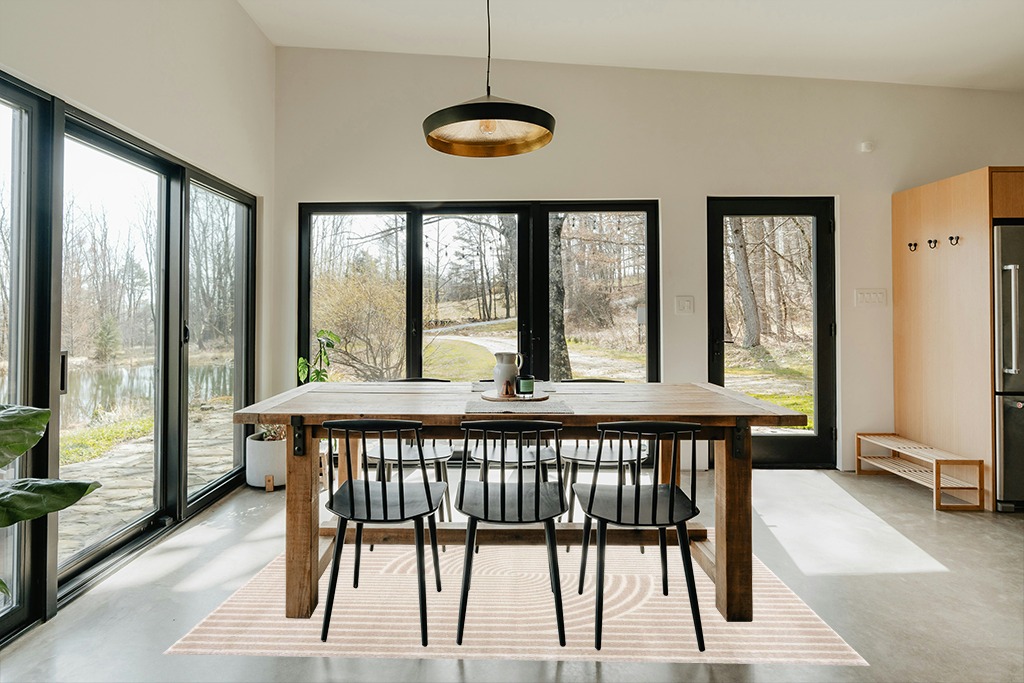 Abani Rugs Beige Arch Pattern Knot Modern Print Premium Area Rug - Contemporary No-Shed Neutral 5’3” x 7’6” (5'x8') Bedroom Rug in Scandinavian Dining Room with Rectangular Table