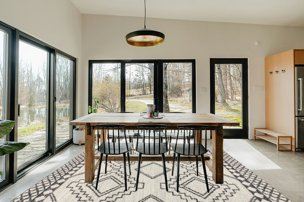JONATHAN Y MOH200A-8 Amir Moroccan Beni Souk Indoor Area-Rug Bohemian Farmhouse Rustic Geometric Easy-Cleaning Bedroom Kitchen Living Room Non Shedding, 8 X 10, Cream,Black in Scandinavian Dining Room with Rectangular Table