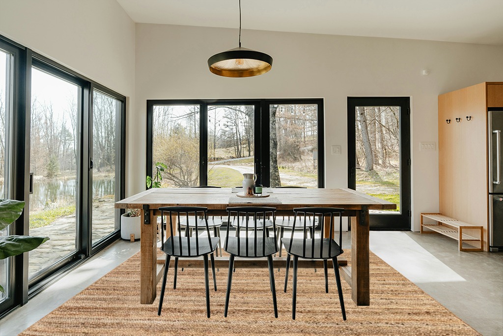 nuLOOM Rigo Hand Woven Farmhouse Jute Area Rug, 8' x 10', Natural in Scandinavian Dining Room with Rectangular Table