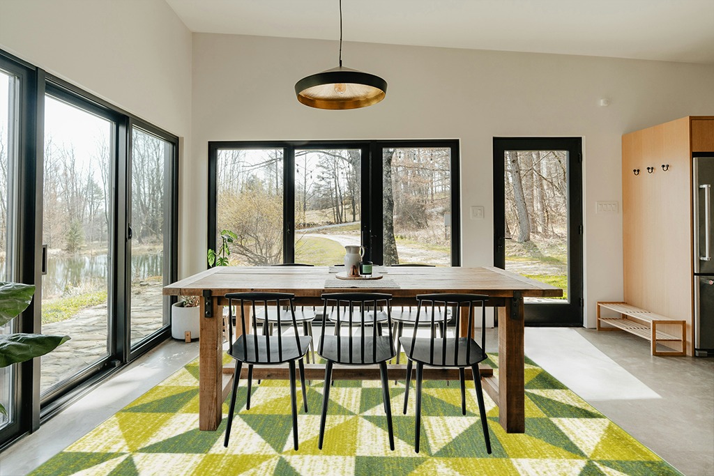 Antep Rugs Geometric 8x10 Modern Indoor Area Rug Siesta (Green, 7'10" x 10') in Scandinavian Dining Room with Rectangular Table