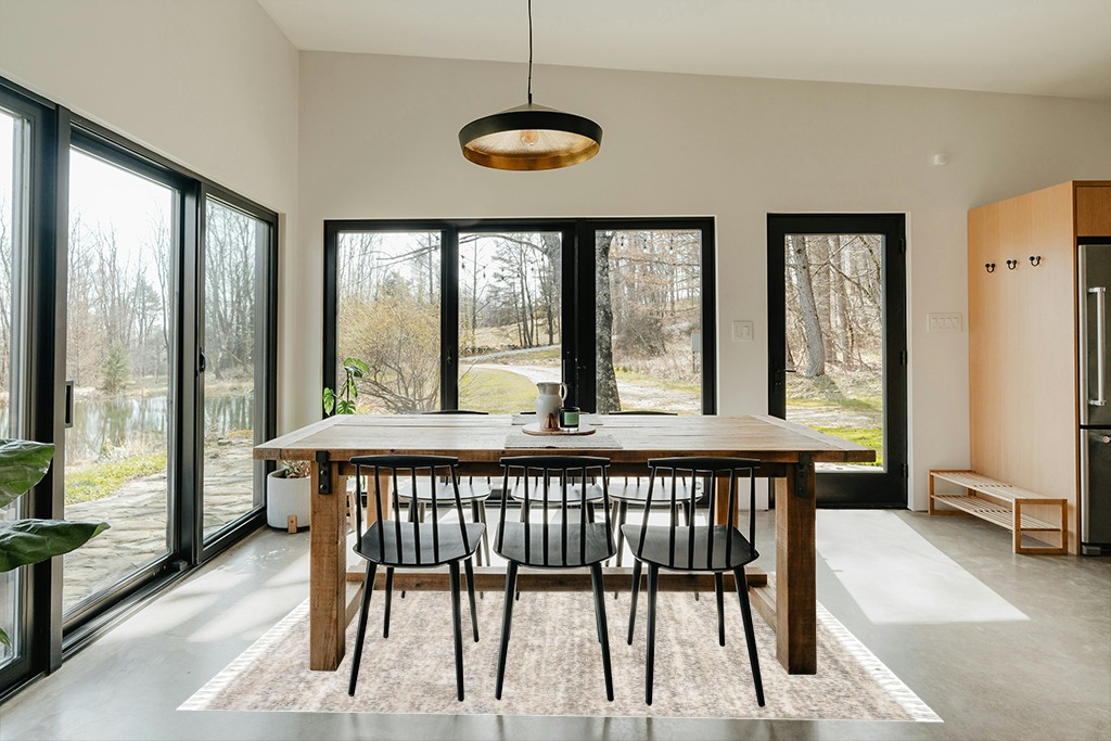 nuLOOM Brooke Shag Tasseled Area Rug, 5' 3" x 7' 7", Ivory in Scandinavian Dining Room with Rectangular Table