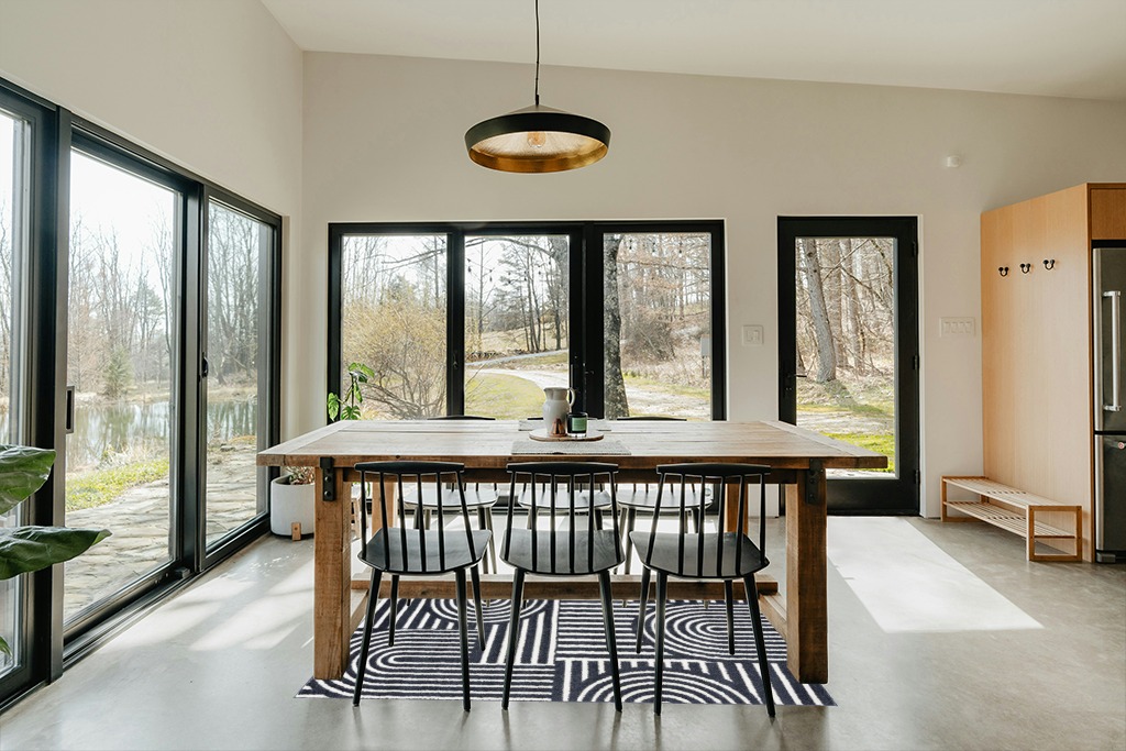 Abani Contemporary Mid-Century Design 4’ x 6’ Area Rug Rugs - Modern Non-Shed Arches Print Cream & Charcoal Bedroom Rug in Scandinavian Dining Room with Rectangular Table