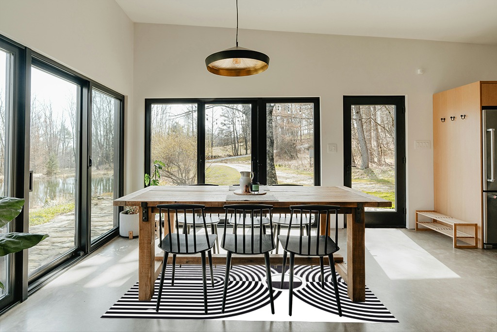 Minimalist Modern Black and White Area Rug 5x7 Mid-Century Arch Art Deco Rugs for Living Room Dining Room Bedroom Soft Thick Faux Wool Home Office Playroom Kitchen Carpet in Scandinavian Dining Room with Rectangular Table