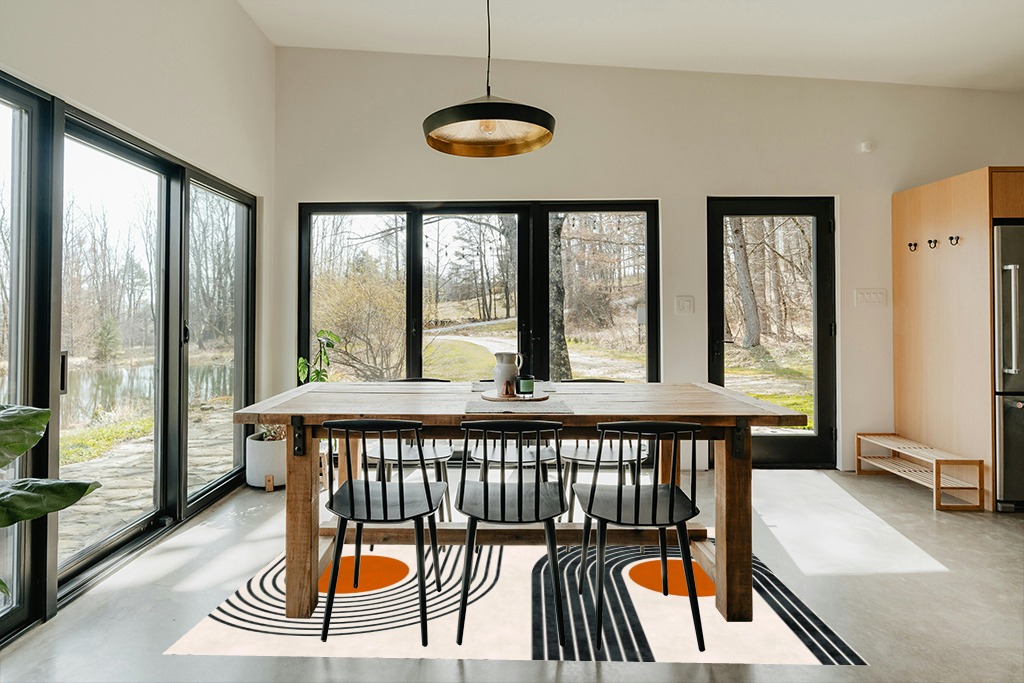 Mid-Century Modern Minimalist Circles and Lines Pattern Soft Wool Area Rug 6x9 Washable Boho Carpet for Living Room Bedroom No-Slip Thick Dining Room Rug Indoor Floorcover Mat in Scandinavian Dining Room with Rectangular Table