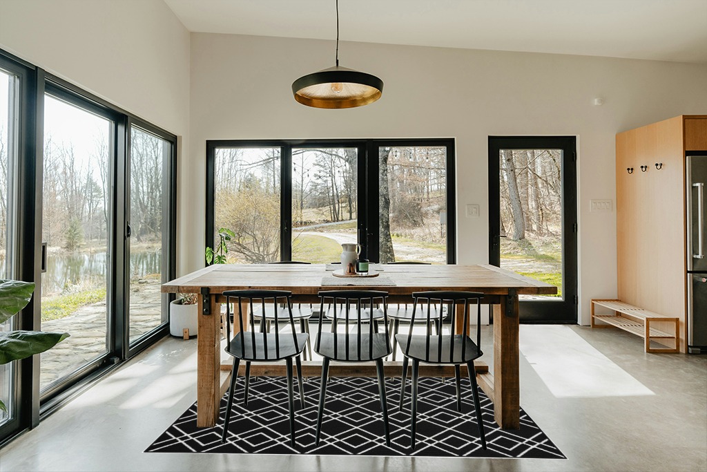 Nourison Modern Lines Modern Geometric Black 5' x 7' Area-Rug, Easy-Cleaning, Non Shedding, Bed Room, Living Room, Dining Room, Kitchen (5x7) in Scandinavian Dining Room with Rectangular Table