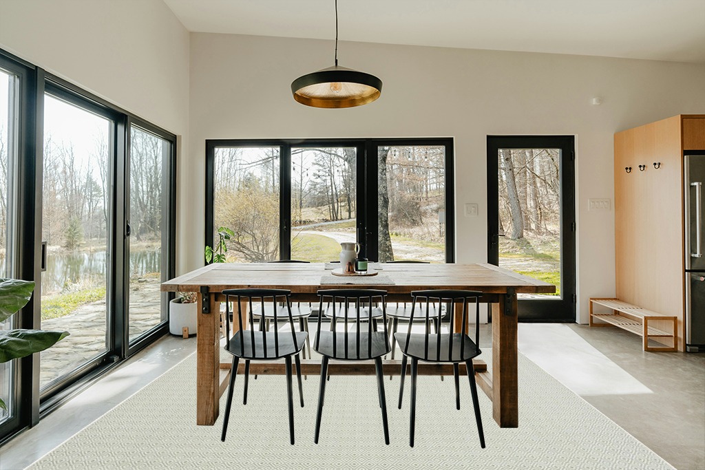 Safavieh Hampton Collection Area Rug - 8' x 10', Green, Non-Shedding & Easy Care, Indoor/Outdoor & Washable-Ideal for Patio, Backyard, Mudroom (HTN230Y) in Scandinavian Dining Room with Rectangular Table