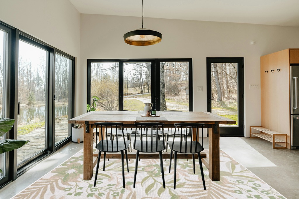 Safavieh Courtyard Collection Area Rug - 6'7" x 9'6", Ivory & Green, Non-Shedding & Easy Care, Indoor/Outdoor & Washable-Ideal for Patio, Backyard, Mudroom (CY9433-52745) in Scandinavian Dining Room with Rectangular Table