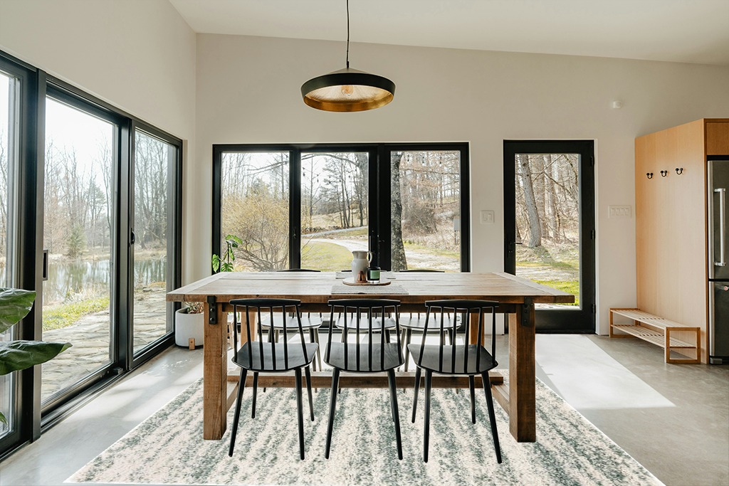 SAFAVIEH Hudson Shag Collection Area Rug - 6' x 9', Ivory & Green, Modern Design, Non-Shedding & Easy Care, 2-inch Thick Ideal for High Traffic Areas in Living Room, Bedroom (SGH206Y) in Scandinavian Dining Room with Rectangular Table