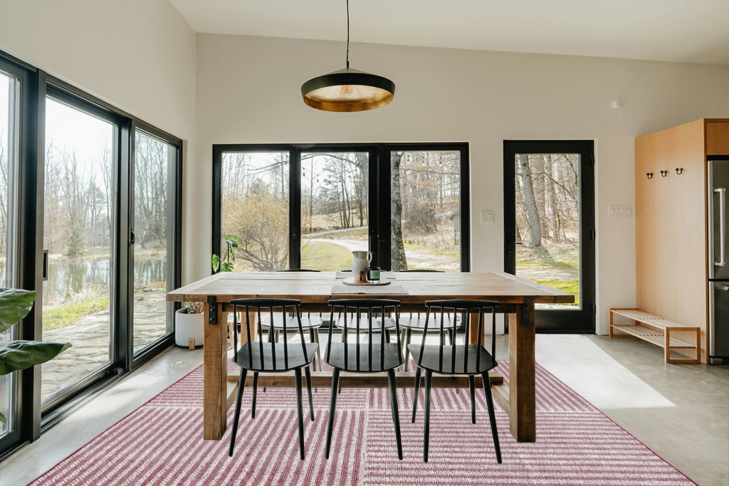 Safavieh Natura Collection Area Rug - 8' x 10', Ivory & Red, Handmade Modern Geometric Wool, Ideal for High Traffic Areas in Living Room, Bedroom (NAT227Q) in Scandinavian Dining Room with Rectangular Table
