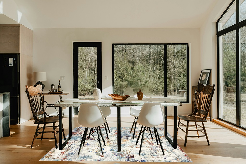 Area Rug Living Room Rugs - 5x7 Washable Large Modern Abstract Soft No Slip Indoor Rug Thin Floor Carpet for Bedroom Under Dining Table Home Office Decor - Blue in Modern Scandinavian Dining Room with Black Accents