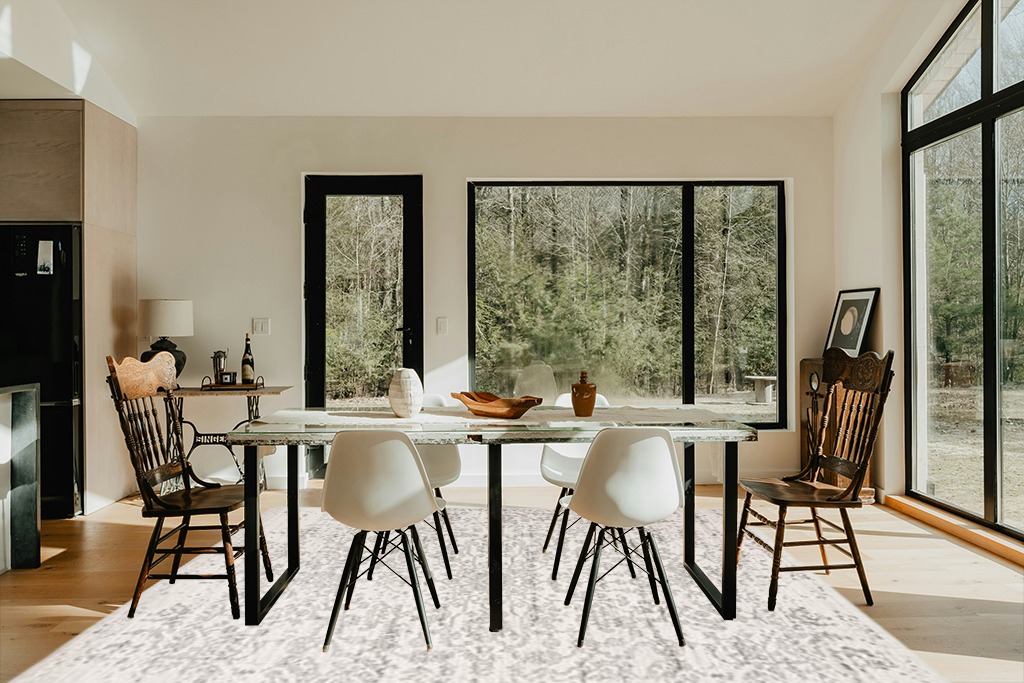 ‎Silver/Ivory ‎Retro ‎Non shedding, Stain Resistant, Pet friendly ‎‎Area Rug in Modern Scandinavian Dining Room with Black Accents