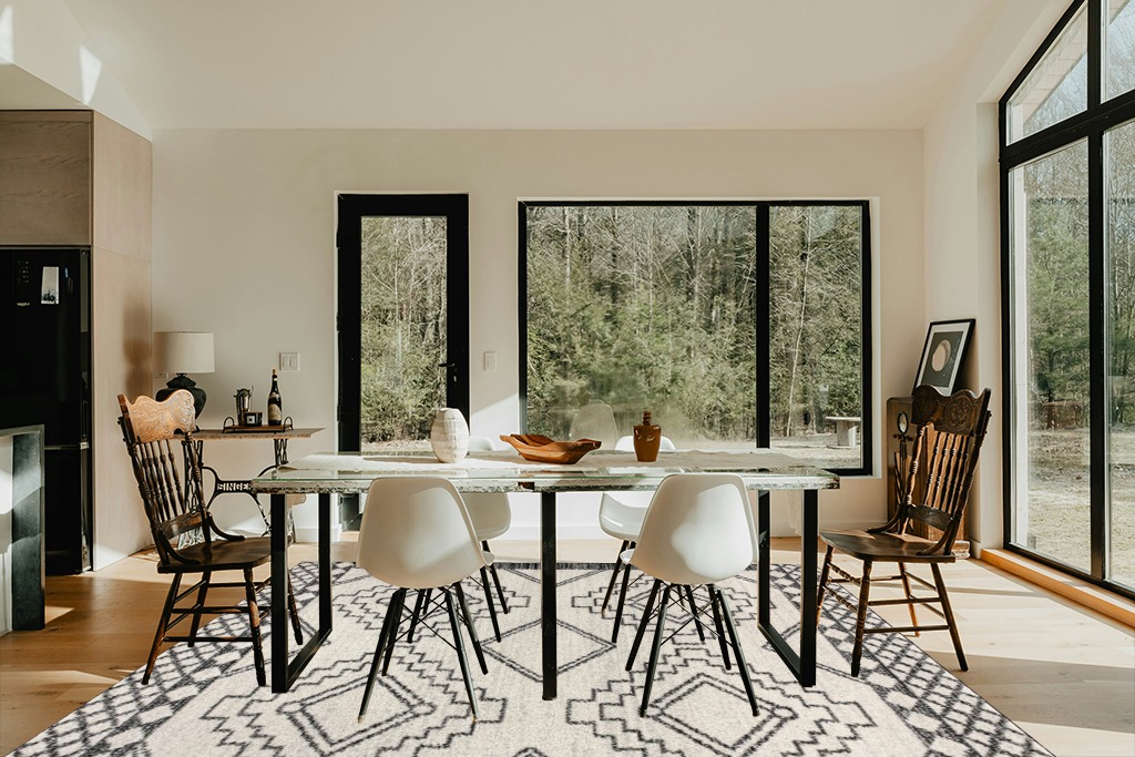 JONATHAN Y MOH200A-8 Amir Moroccan Beni Souk Indoor Area-Rug Bohemian Farmhouse Rustic Geometric Easy-Cleaning Bedroom Kitchen Living Room Non Shedding, 8 X 10, Cream,Black in Modern Scandinavian Dining Room with Black Accents
