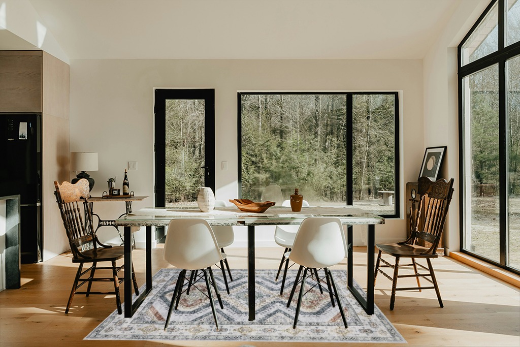 Area Rug Living Room Rugs - 5x7 Large Machine Washable Boho Thin Carpets Vintage Tribal Anti Slip Backing Carpet for Under Dining Table Bedroom Farmhouse Home Office Grey in Modern Scandinavian Dining Room with Black Accents