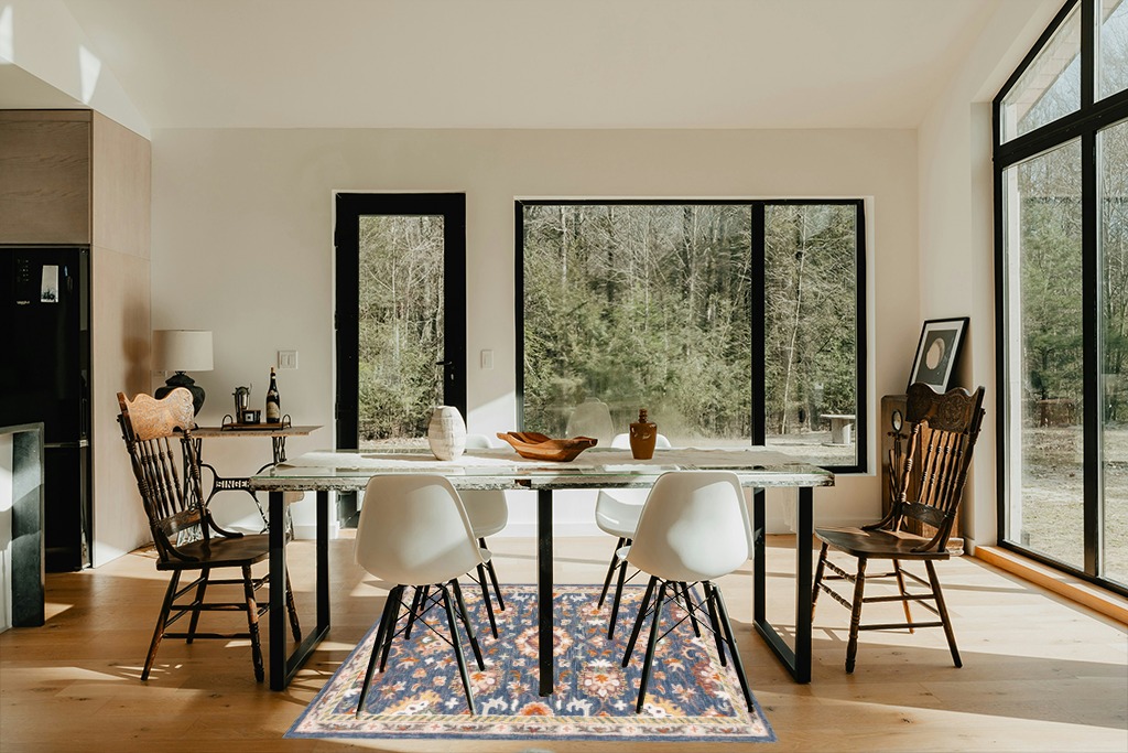 Safavieh Aspen Collection Area Rug - 5' Round, Blue & Rust, Handmade Boho Wool, Ideal for High Traffic Areas in Living Room, Bedroom (APN146M) in Modern Scandinavian Dining Room with Black Accents