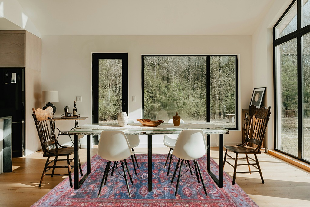Safavieh Tucson Collection Area Rug - 8' Round, Rust & Blue, Traditional Persian Design, Non-Shedding Machine Washable & Slip Resistant Ideal for High Traffic Areas in Living Room, Bedroom (TSN153P) in Modern Scandinavian Dining Room with Black Accents