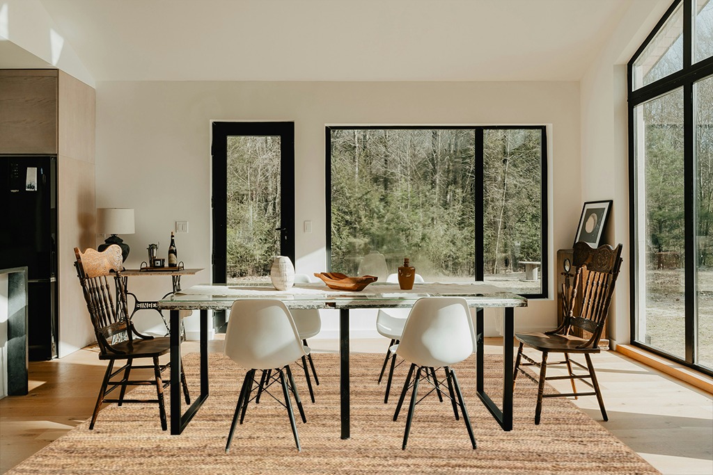nuLOOM Rigo Hand Woven Farmhouse Jute Area Rug, 8' x 10', Natural in Modern Scandinavian Dining Room with Black Accents
