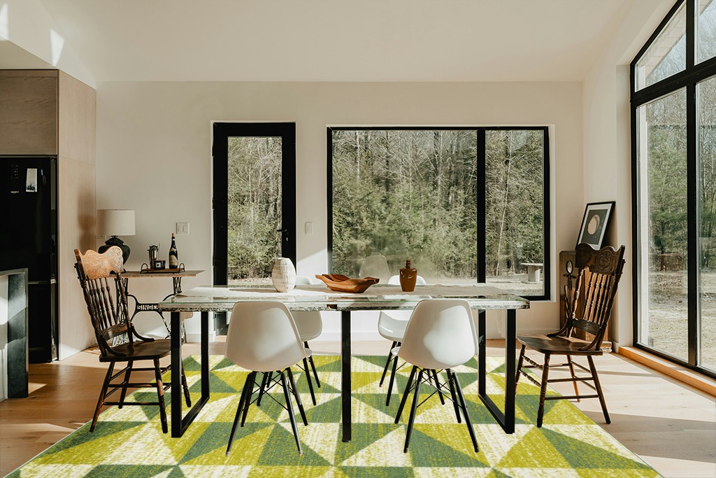 Antep Rugs Geometric 8x10 Modern Indoor Area Rug Siesta (Green, 7'10" x 10') in Modern Scandinavian Dining Room with Black Accents