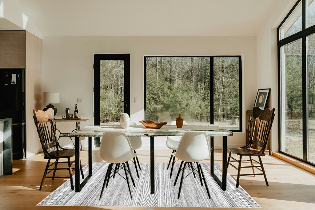 nuLOOM Kira Machine Washable Tribal Geometric Area Rug in Modern Scandinavian Dining Room with Black Accents