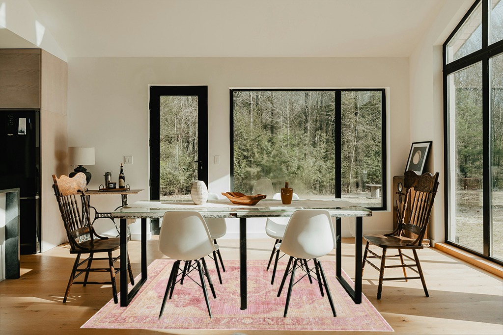 Momeni Rugs Isabella Traditional Medallion Flat Weave Area Rug, 5'3" X 7'3", Pink in Modern Scandinavian Dining Room with Black Accents