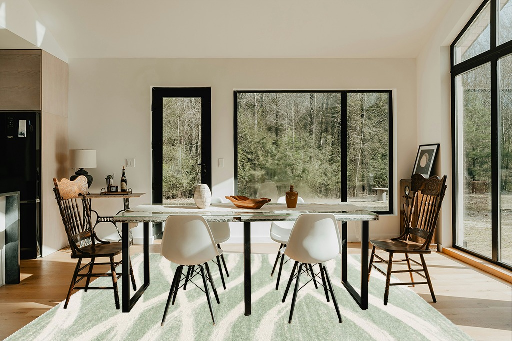 SAFAVIEH Adirondack Collection Area Rug - 8' x 10', Sage & Cream, Modern Wave Distressed Design, Non-Shedding & Easy Care, Ideal for High Traffic Areas in Living Room, Bedroom (ADR125X) in Modern Scandinavian Dining Room with Black Accents