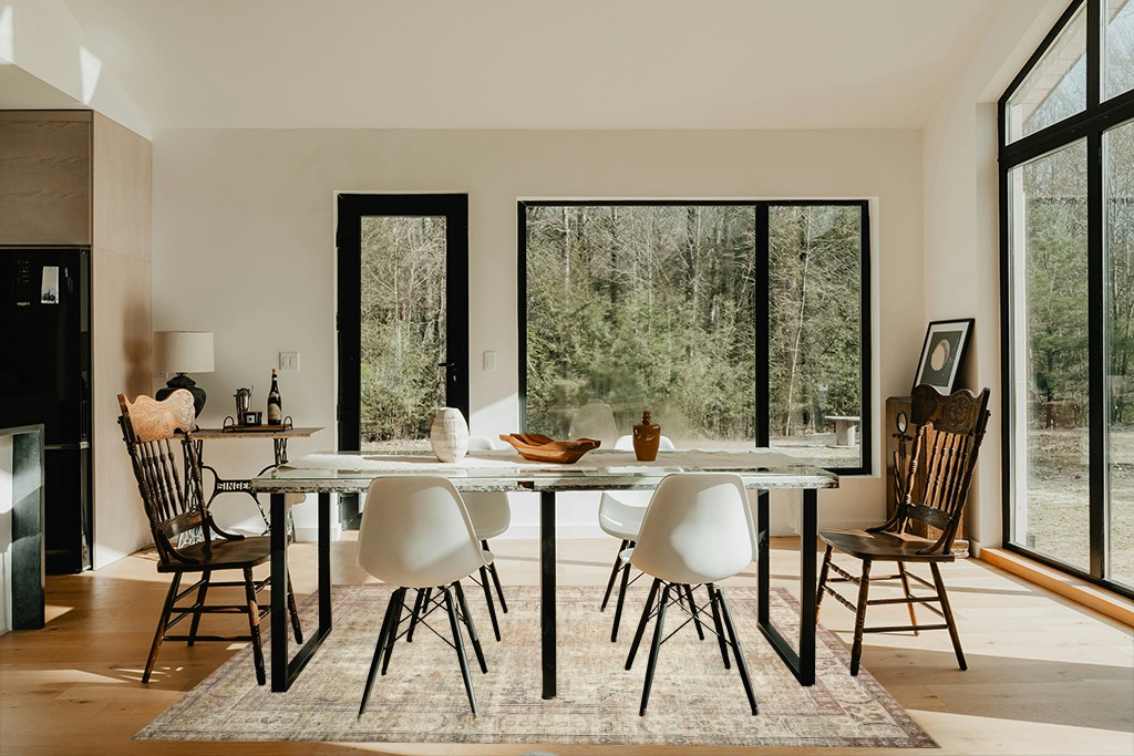 Loloi II Margot Collection MAT-01 Antique/Sage 5'-0" x 7'-6" Area Rug feat. CloudPile in Modern Scandinavian Dining Room with Black Accents
