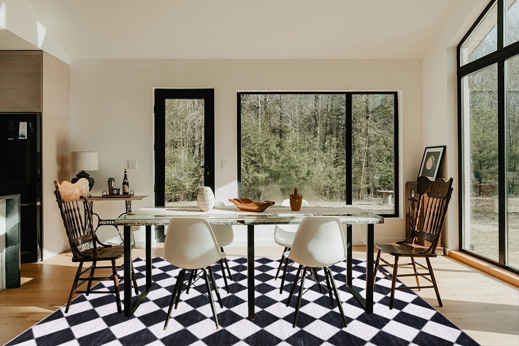 Abani Rectangular Area Rugs 8' x 10' Cream Black Checkered Diamond Machine Washable, Stain Resistant and Non-Shedding Polypropylene Large Rugs Modern Design in Modern Scandinavian Dining Room with Black Accents