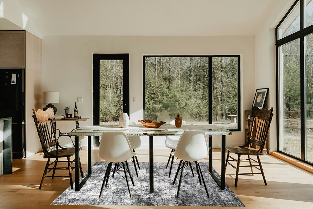 Area Rug Living Room Rugs - 5x7 Large Soft Indoor Neutral Modern Abstract Low Pile Washable Rug Carpet for Bedroom Dining Room Farmhouse Home Office - Grey in Modern Scandinavian Dining Room with Black Accents