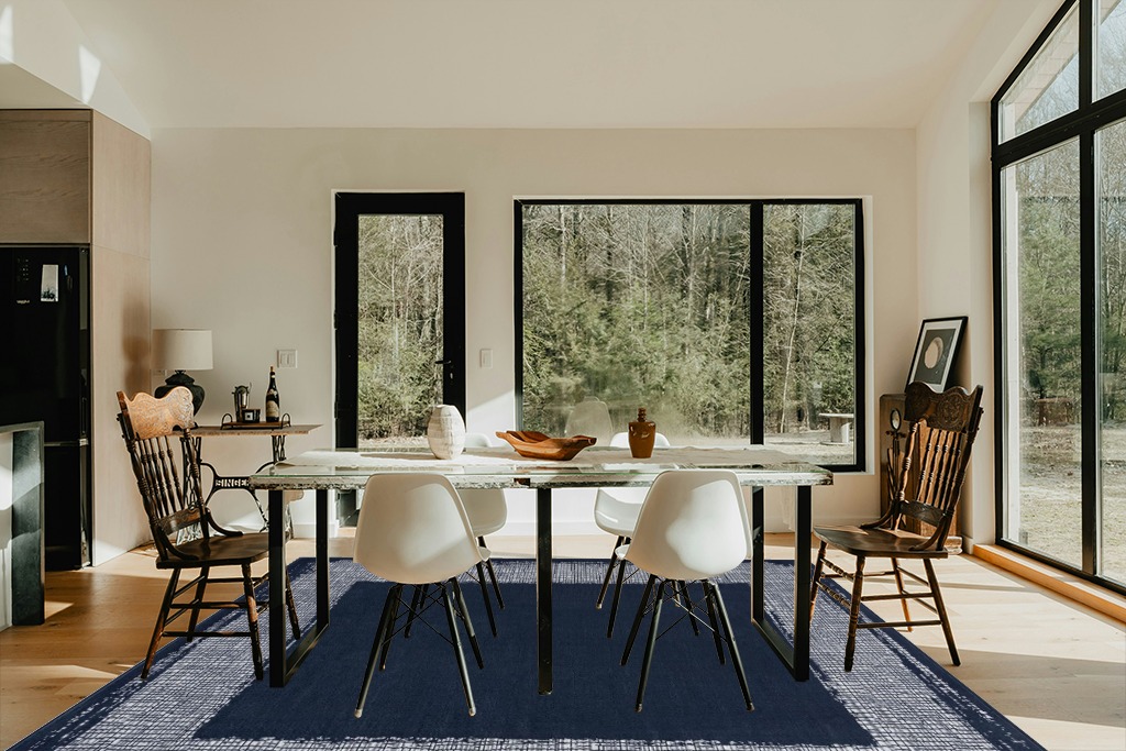 CAMILSON Navy Blue Area Rug 7'10" x 10', Easy-Cleaning Non-Shedding, Bordered for Living Room, Bedroom, Dining Room Navy Blue/Cream Indoor Area Rugs (8x10) in Modern Scandinavian Dining Room with Black Accents