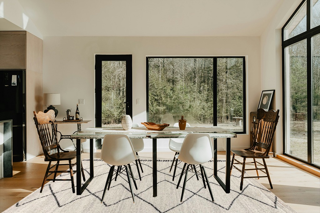 Eyely HOM203A-8 Moroccan Hype Zaina Beni Souk Indoor Area Rug Modern;Bohemian;Transitional;Rustic, Bedroom, Kitchen, Living Room, Easy-Cleaning, Non-Shedding, 8 X 10, Cream/Black in Modern Scandinavian Dining Room with Black Accents