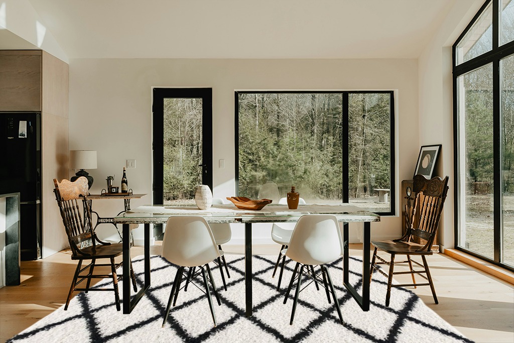 L'Baiet Halle White Black Geometric Diamond Pattern Modern Soft Shag Indoor 8' x 10' Area Rug in Modern Scandinavian Dining Room with Black Accents