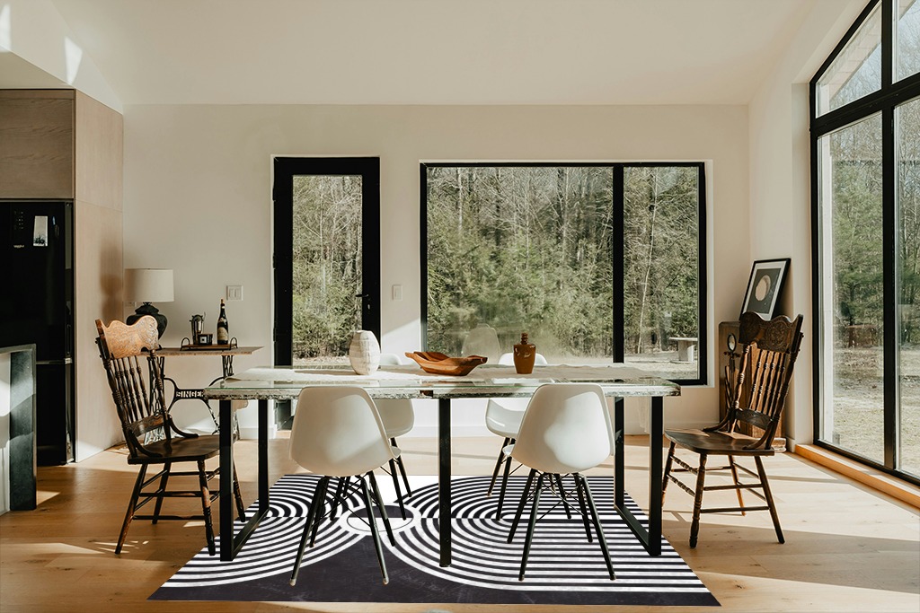 Minimalist Modern Black and White Area Rug 5x7 Mid-Century Arch Art Deco Rugs for Living Room Dining Room Bedroom Soft Thick Faux Wool Home Office Playroom Kitchen Carpet in Modern Scandinavian Dining Room with Black Accents