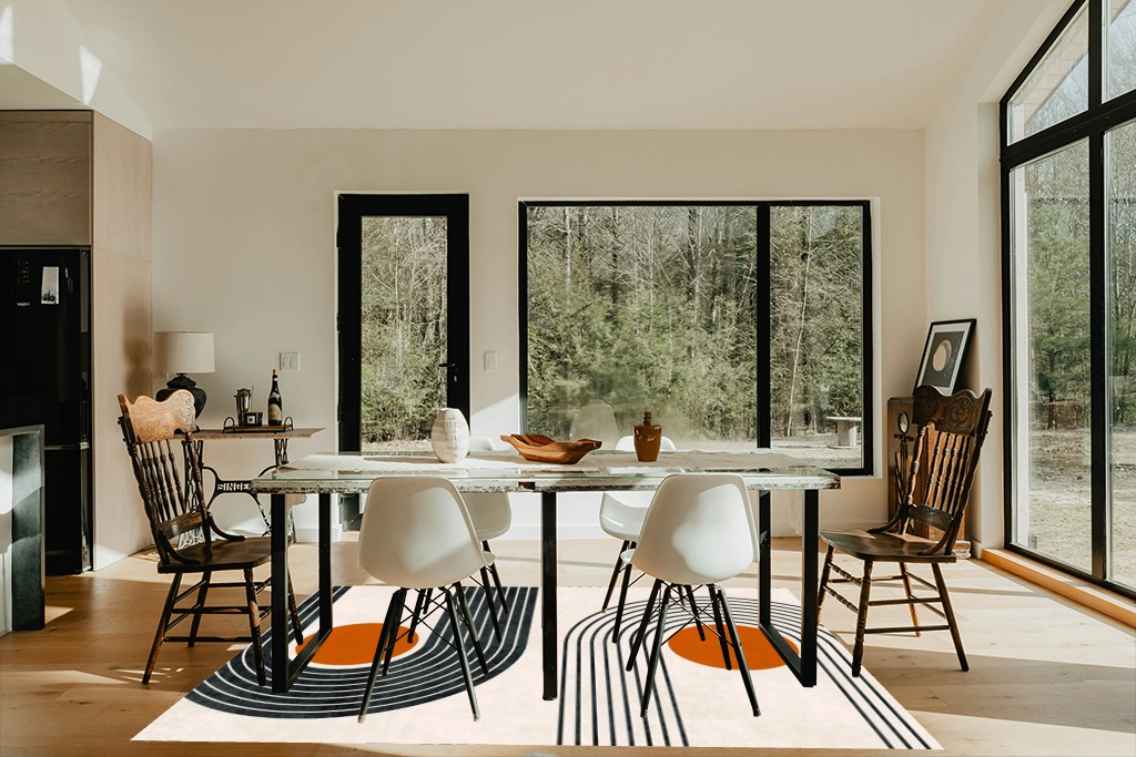 Mid-Century Modern Minimalist Circles and Lines Pattern Soft Wool Area Rug 6x9 Washable Boho Carpet for Living Room Bedroom No-Slip Thick Dining Room Rug Indoor Floorcover Mat in Modern Scandinavian Dining Room with Black Accents