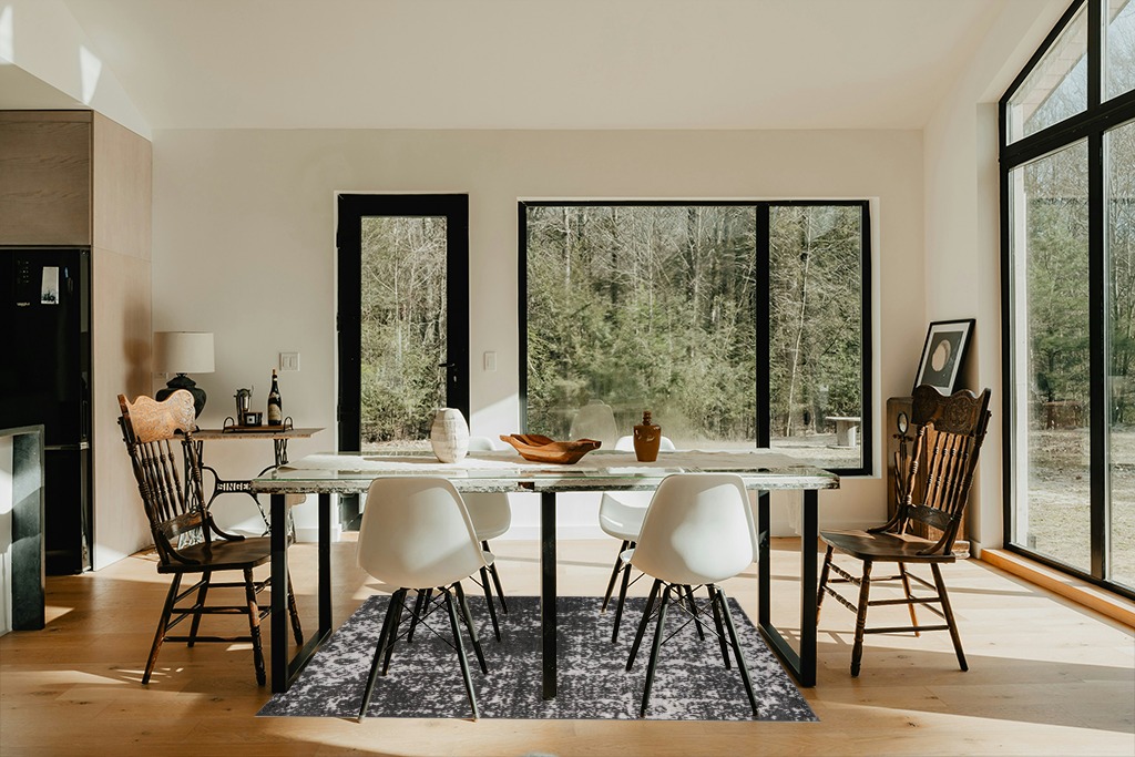 nuLOOM Deedra Modern Abstract Area Rug, 4x6, Dark Grey in Modern Scandinavian Dining Room with Black Accents