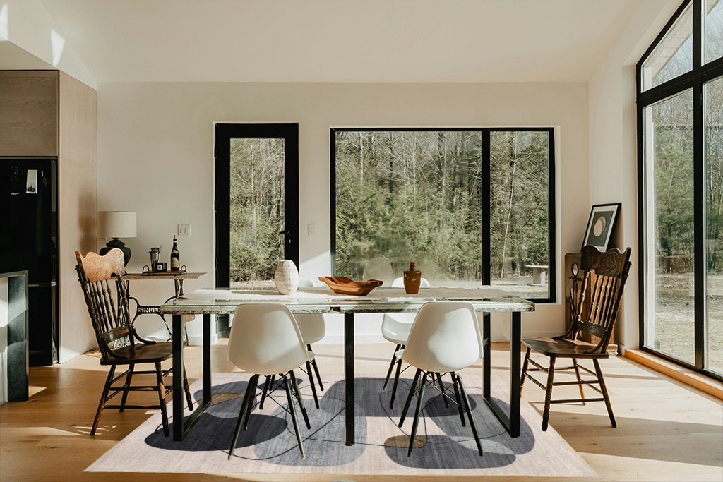nuLOOM Rylee Abstract Machine Washable Indoor/Outdoor Area Rug, 5x8, Grey in Modern Scandinavian Dining Room with Black Accents