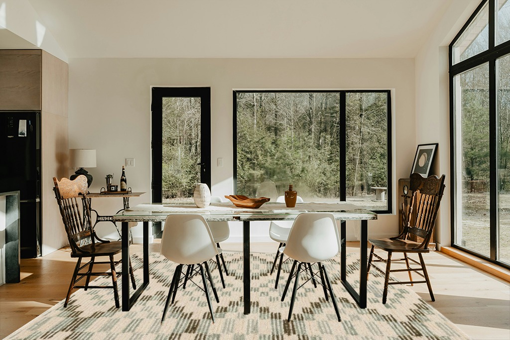 Dash & Albert Diamond Cove Hand Tufted Wool Rug, 8 X 10 Feet, Green/Sky Blue Geometric Pattern in Modern Scandinavian Dining Room with Black Accents