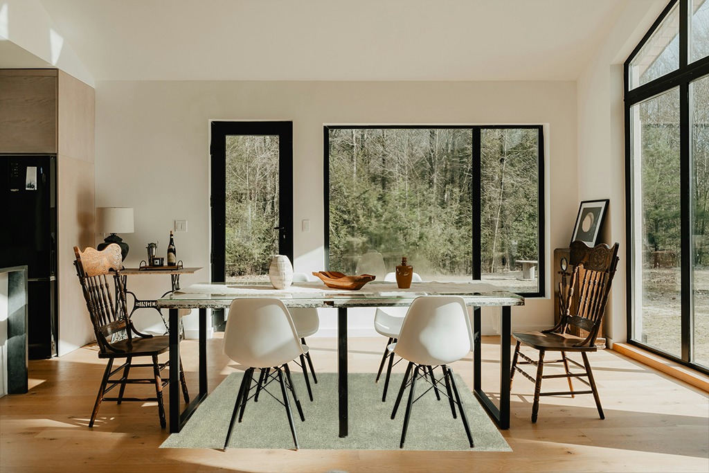 JONATHAN Y SEU100O-4 Haze Solid Low-Pile Indoor Area-Rug, Coastal, Bohemian, Minimalist Easy-Cleaning,Bedroom,Kitchen,Living Room,Non Shedding, Green, 4 X 6 in Modern Scandinavian Dining Room with Black Accents