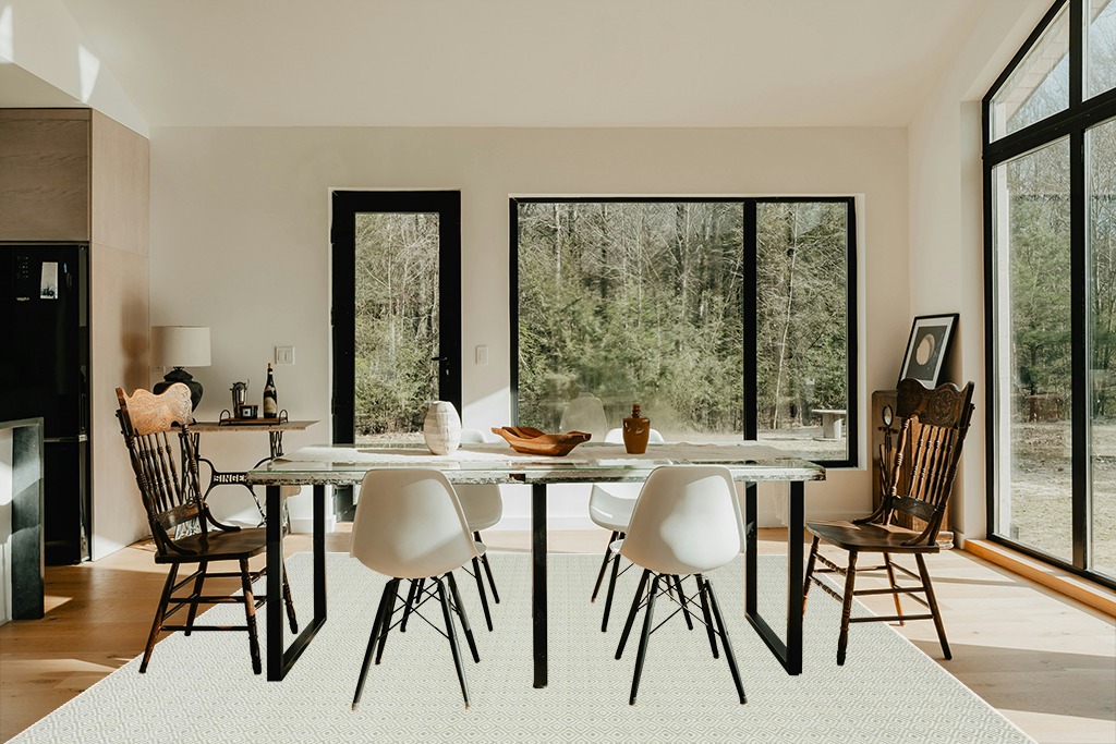 Safavieh Hampton Collection Area Rug - 8' x 10', Green, Non-Shedding & Easy Care, Indoor/Outdoor & Washable-Ideal for Patio, Backyard, Mudroom (HTN230Y) in Modern Scandinavian Dining Room with Black Accents