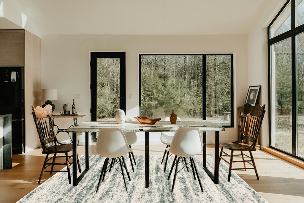 SAFAVIEH Hudson Shag Collection Area Rug - 6' x 9', Ivory & Green, Modern Design, Non-Shedding & Easy Care, 2-inch Thick Ideal for High Traffic Areas in Living Room, Bedroom (SGH206Y) in Modern Scandinavian Dining Room with Black Accents
