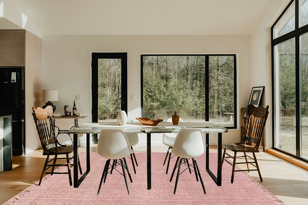 nuLOOM Daniela Farmhouse Chunky Jute Area Rug, 8x10, Baby Pink in Modern Scandinavian Dining Room with Black Accents