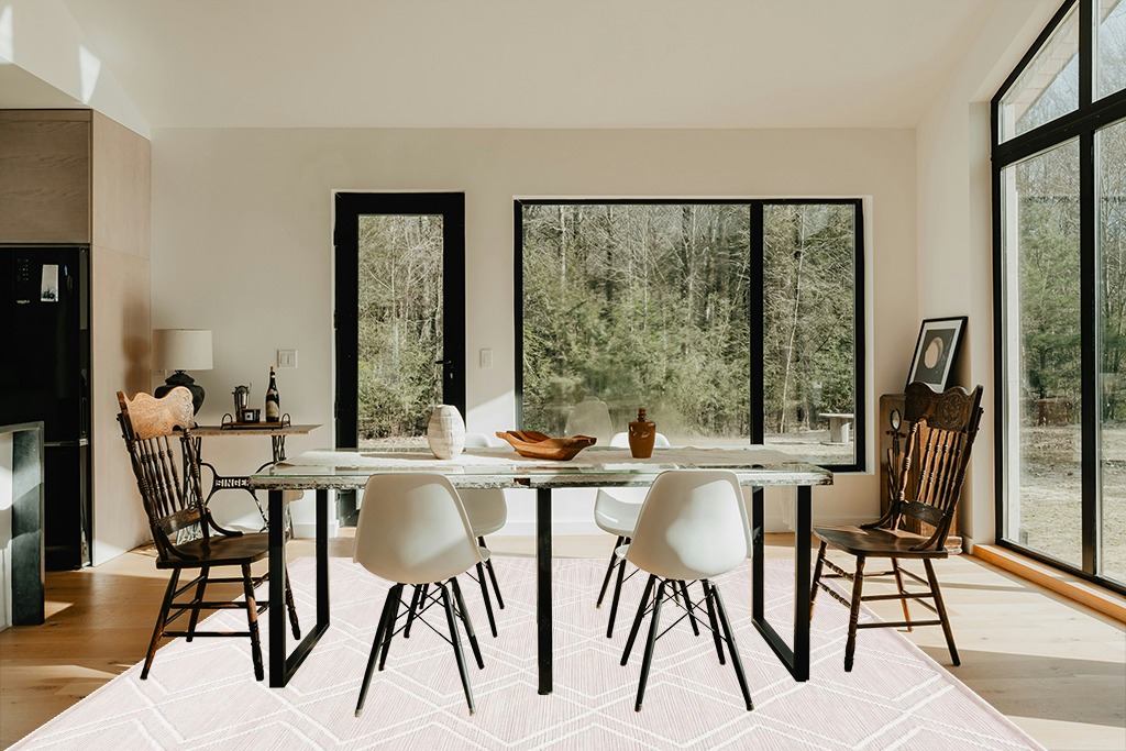 Safavieh Kilim Collection Area Rug - 8' x 10', Natural & Ivory, Handmade Rustic Boho Diamond, Ideal for High Traffic Areas in Living Room, Bedroom (KLM449A) in Modern Scandinavian Dining Room with Black Accents