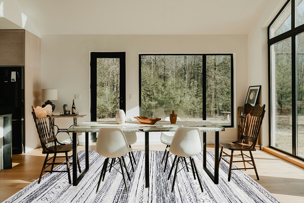 8x10 Washable Large Soft Neutral Boho Moroccan Bohemian Farmhouse Rug in Modern Scandinavian Dining Room with Black Accents