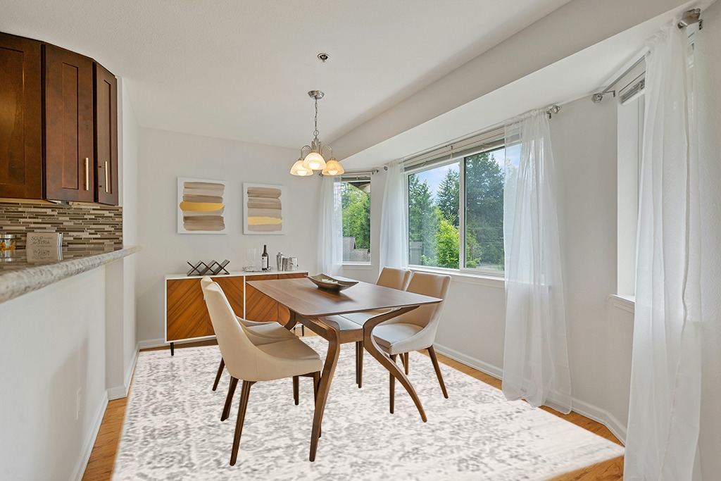 ‎Silver/Ivory ‎Retro ‎Non shedding, Stain Resistant, Pet friendly ‎‎Area Rug in Modern White Dining Room with Wooden Accents