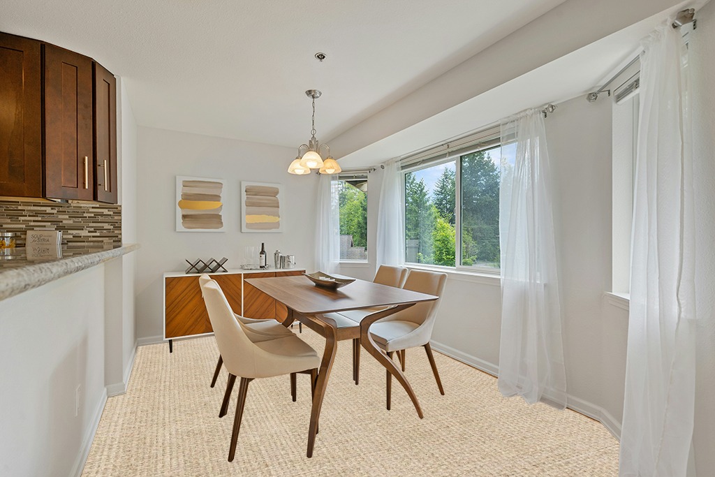 SAFAVIEH Natural Fiber Collection Area Rug - 9' x 12', Natural & Beige, Border Basketweave Seagrass Design, Easy Care, Ideal for High Traffic Areas in Living Room, Bedroom (NF114A) in Modern White Dining Room with Wooden Accents