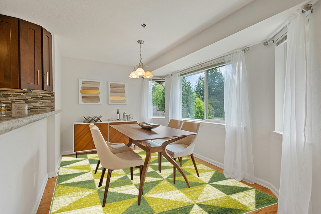 Antep Rugs Geometric 8x10 Modern Indoor Area Rug Siesta (Green, 7'10" x 10') in Modern White Dining Room with Wooden Accents