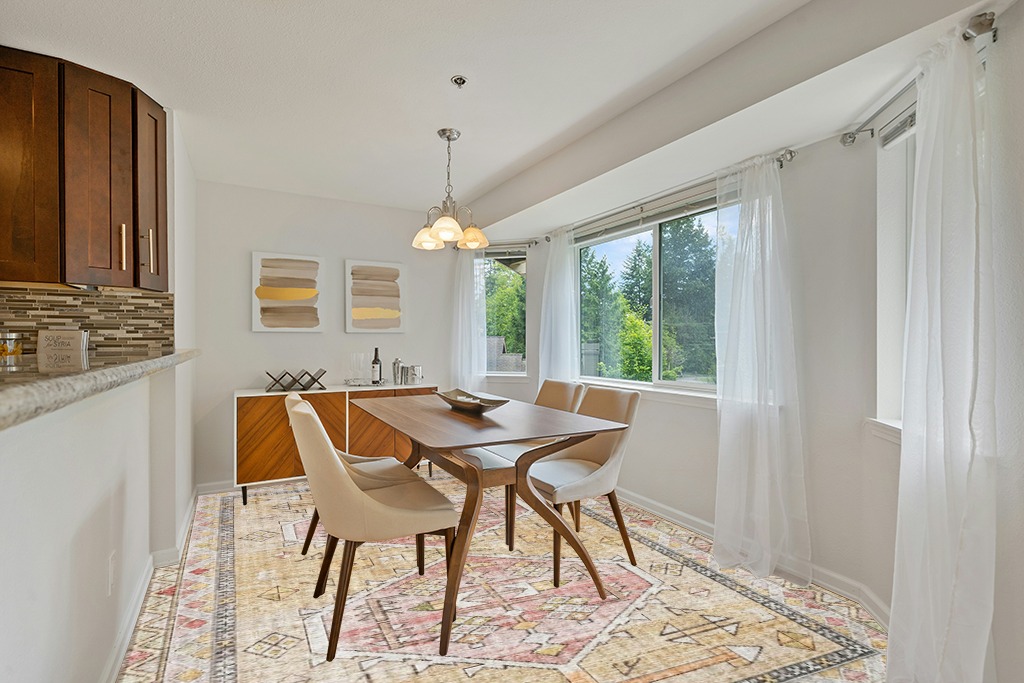Loloi II Skye Collection SKY-04 GOLD / BLUSH, Traditional 9'-0" x 12'-0" Area Rug in Modern White Dining Room with Wooden Accents