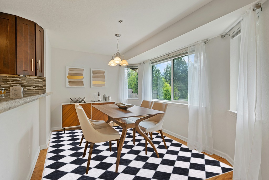 Abani Rectangular Area Rugs 8' x 10' Cream Black Checkered Diamond Machine Washable, Stain Resistant and Non-Shedding Polypropylene Large Rugs Modern Design in Modern White Dining Room with Wooden Accents