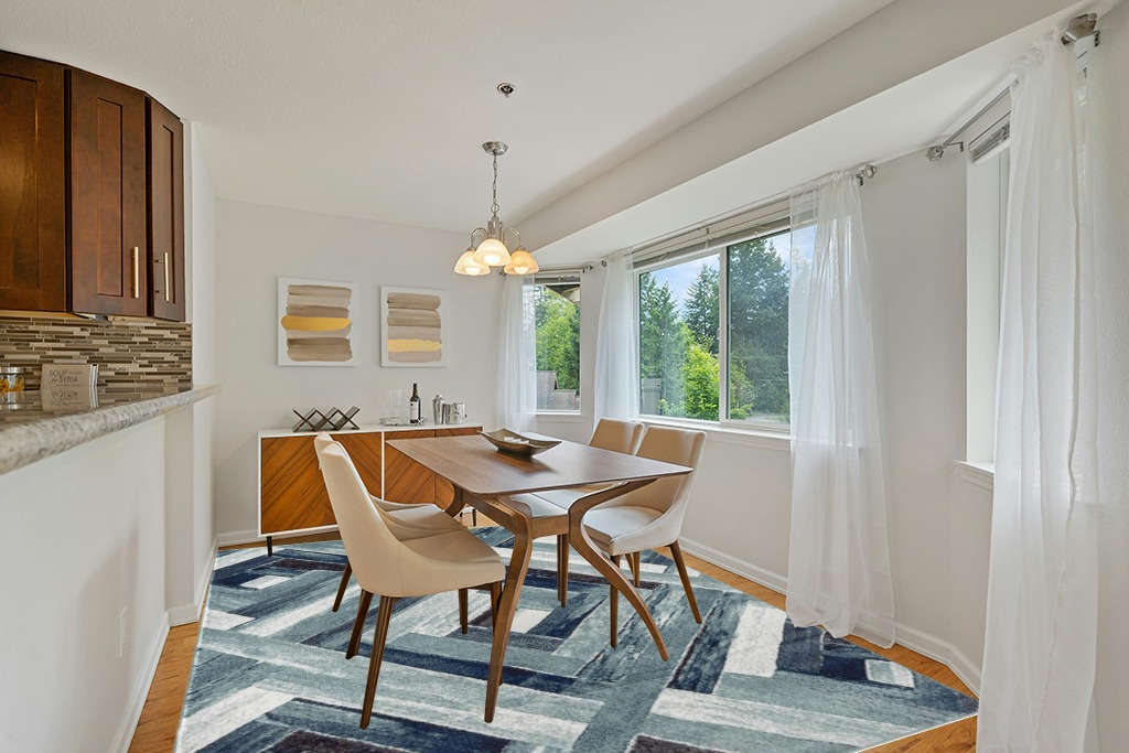 LUXE WEAVERS Modern Abstract Wood Carpet Geometric Blue 8x10 Area Rug in Modern White Dining Room with Wooden Accents
