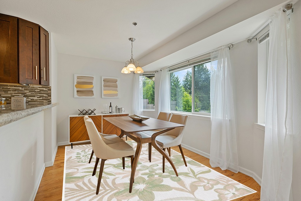Safavieh Courtyard Collection Area Rug - 6'7" x 9'6", Ivory & Green, Non-Shedding & Easy Care, Indoor/Outdoor & Washable-Ideal for Patio, Backyard, Mudroom (CY9433-52745) in Modern White Dining Room with Wooden Accents